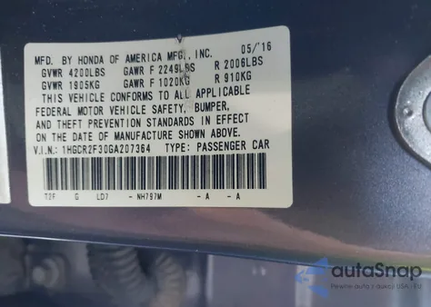 2016 Honda Accord Lx from USA, damaged, VIN 1HGCR2F30GA207364